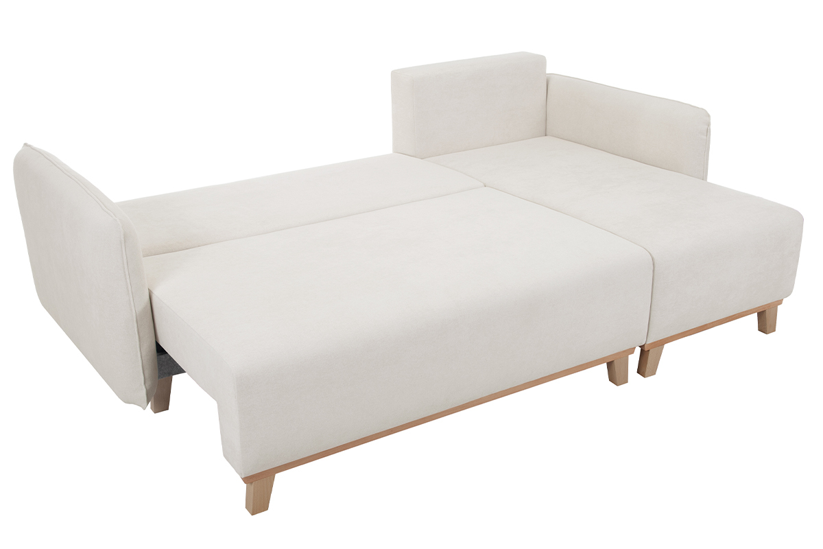 Canap� d'angle convertible et r�versible 3-4 places en tissu effet velours beige et bois clair ROMANE