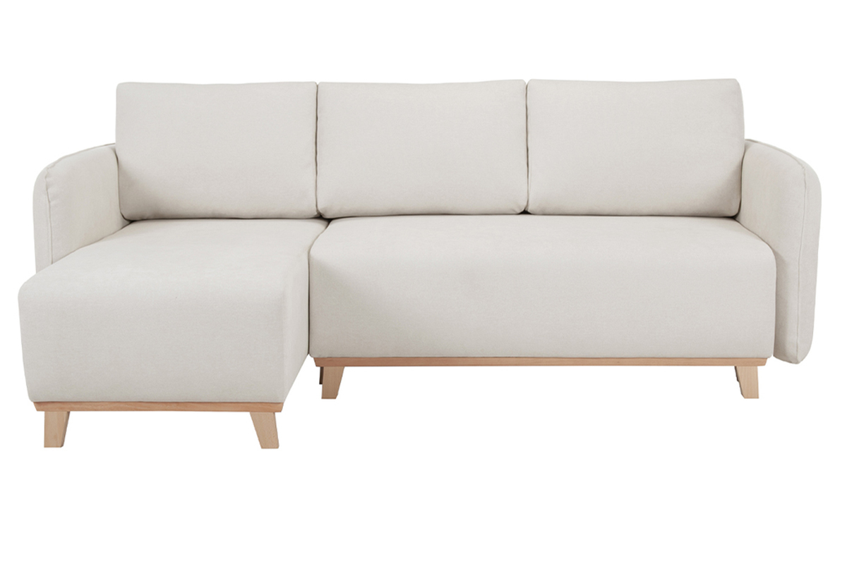 Canap� d'angle convertible et r�versible 3-4 places en tissu effet velours beige et bois clair ROMANE