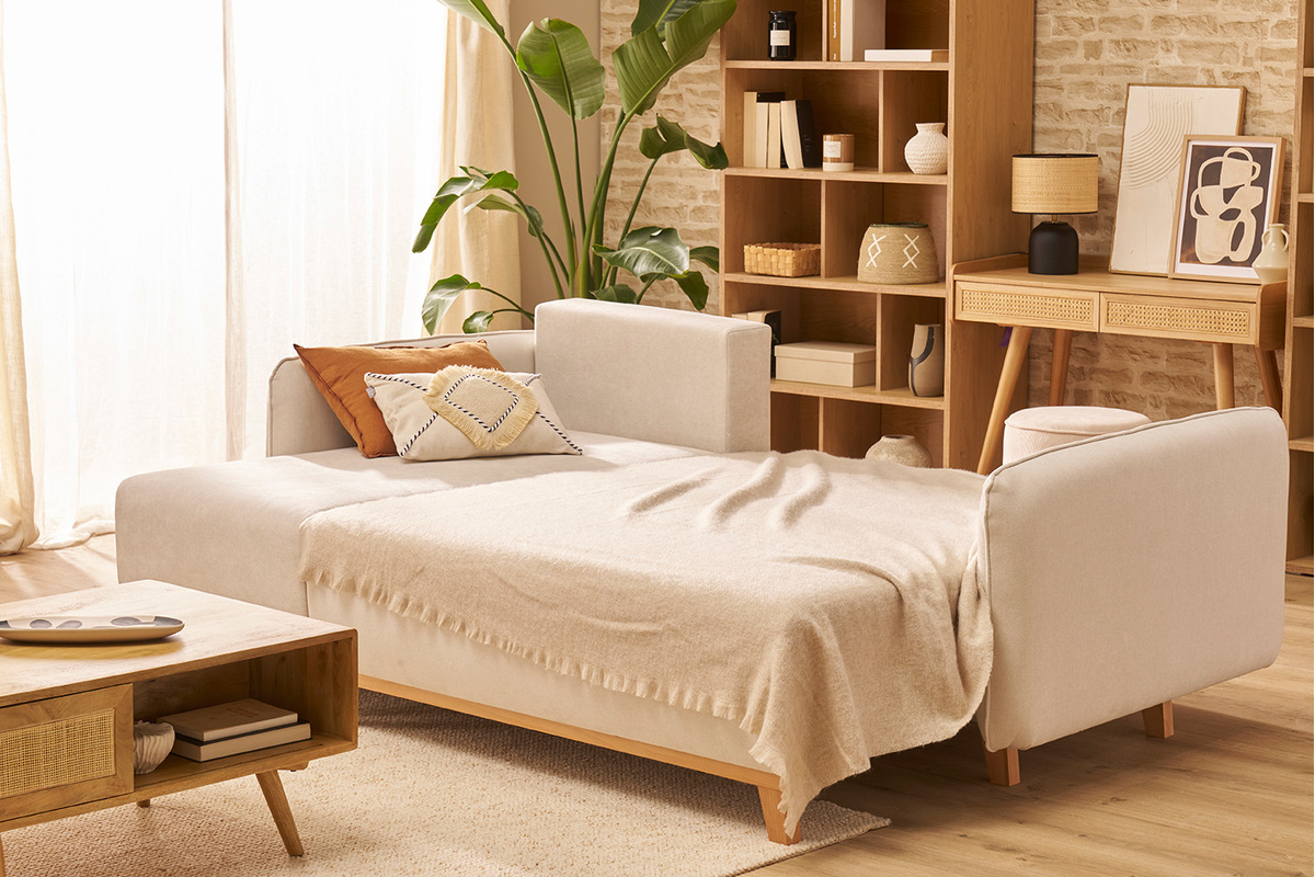 Canap� d'angle convertible et r�versible 3-4 places en tissu effet velours beige et bois clair ROMANE
