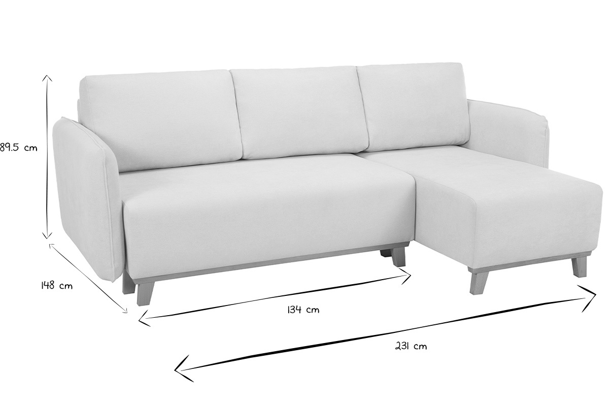 Canap� d'angle convertible et r�versible 3-4 places en tissu effet velours beige et bois clair ROMANE