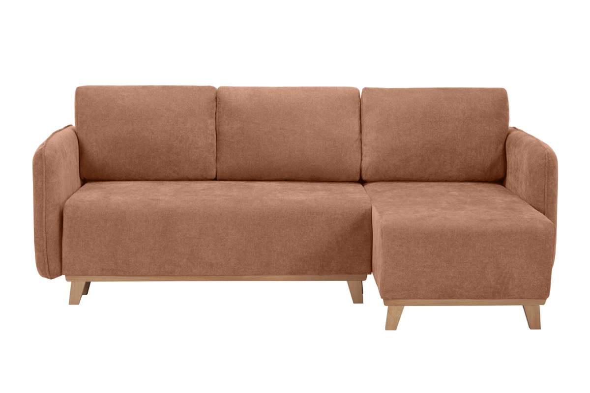 Canap� d'angle convertible et r�versible 3-4 places en tissu effet velours terre br�l�e et bois clair ROMANE