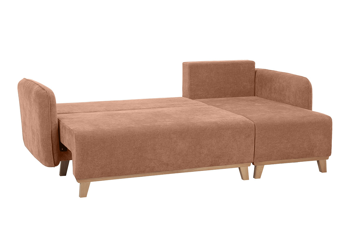 Canap� d'angle convertible et r�versible 3-4 places en tissu effet velours terre br�l�e et bois clair ROMANE