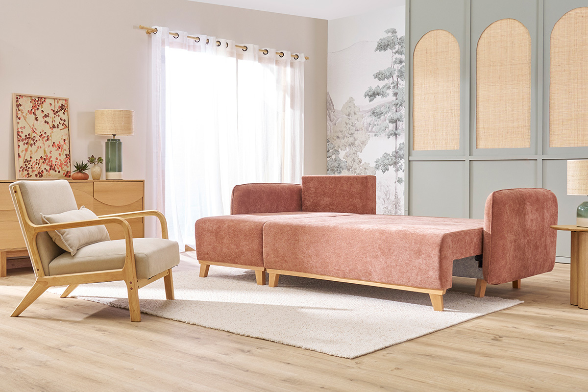 Canap� d'angle convertible et r�versible 3-4 places en tissu effet velours terre br�l�e et bois clair ROMANE