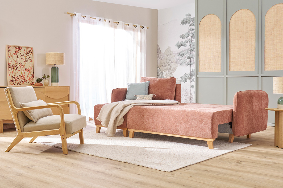 Canap� d'angle convertible et r�versible 3-4 places en tissu effet velours terre br�l�e et bois clair ROMANE