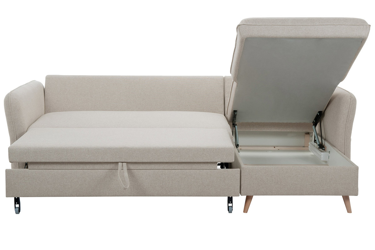 Canap� d'angle convertible r�versible avec coffre 3-4 places en tissu beige et bois clair DRISS