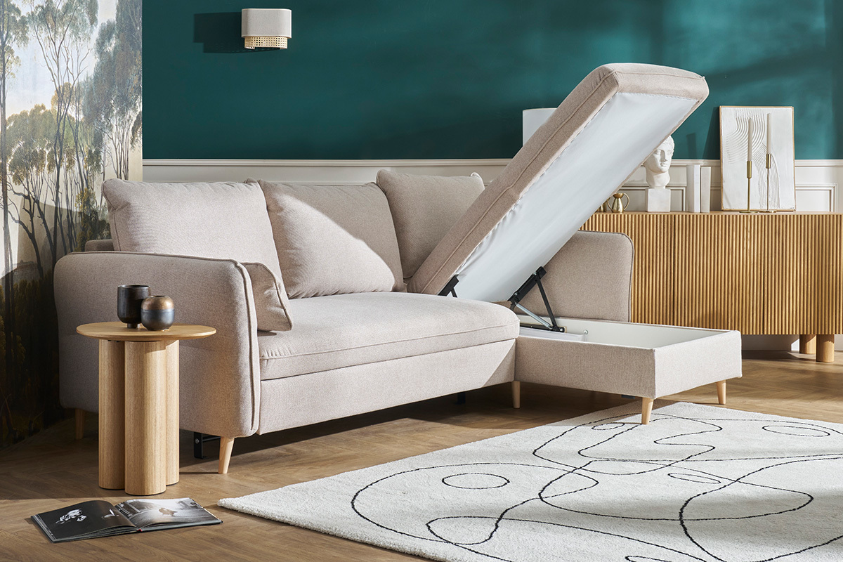 Canap� d'angle convertible r�versible avec coffre 3-4 places en tissu beige et bois clair DRISS