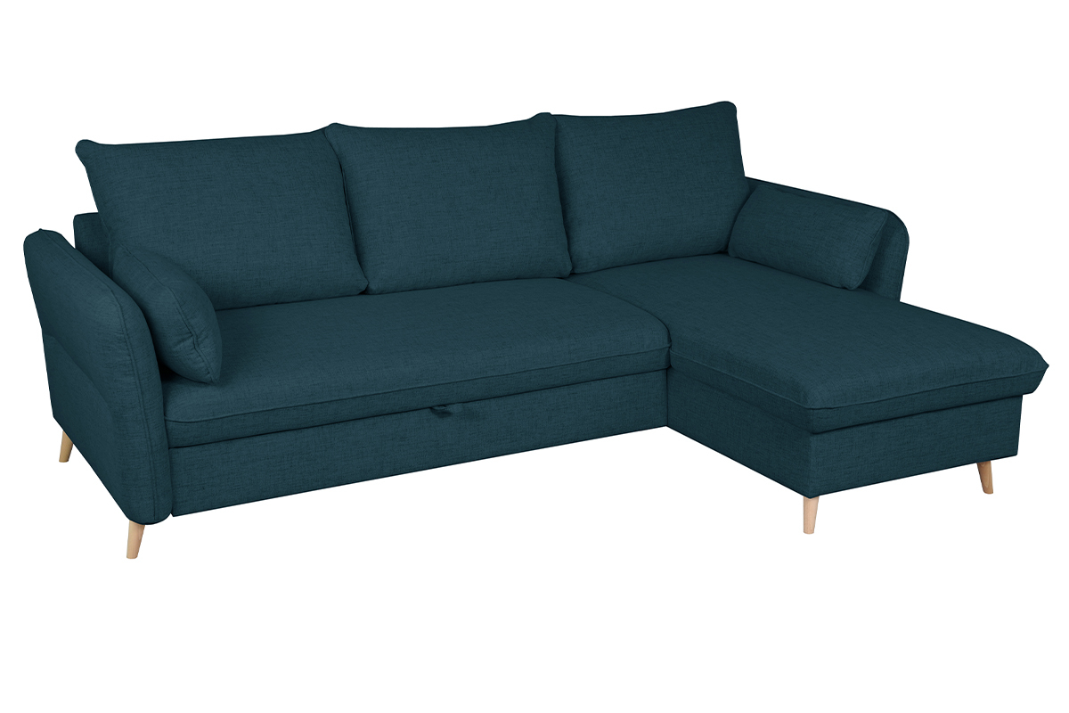 Canap� d'angle convertible r�versible avec coffre 3-4 places en tissu bleu oc�an et bois clair DRISS