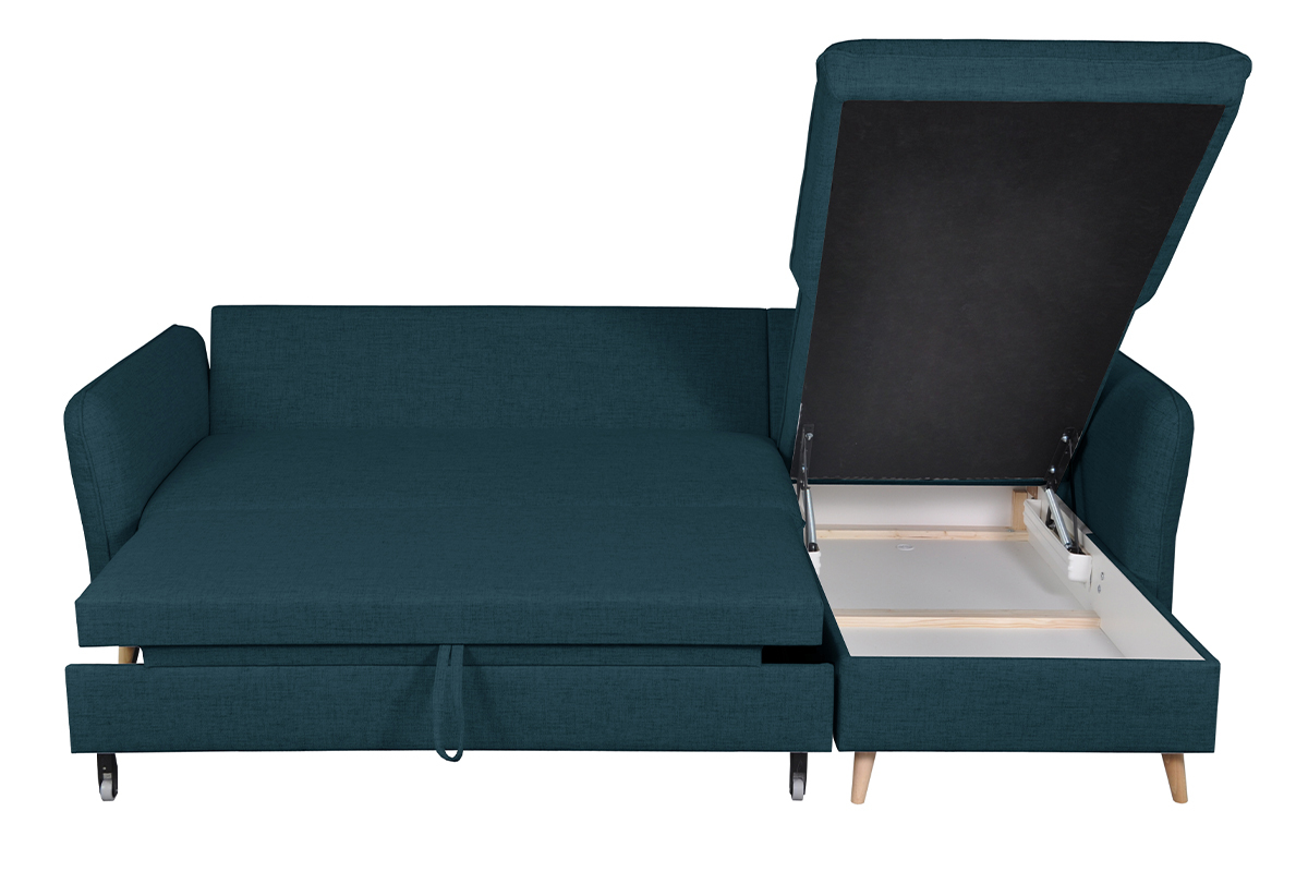 Canap� d'angle convertible r�versible avec coffre 3-4 places en tissu bleu oc�an et bois clair DRISS