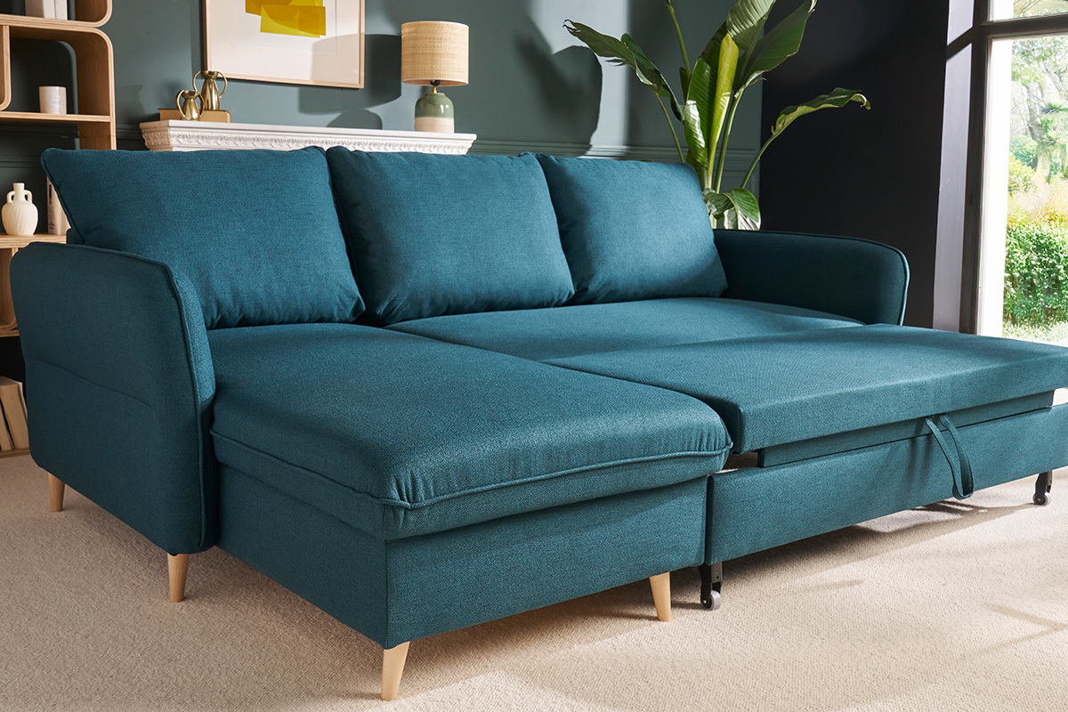 Canap� d'angle convertible r�versible avec coffre 3-4 places en tissu bleu oc�an et bois clair DRISS