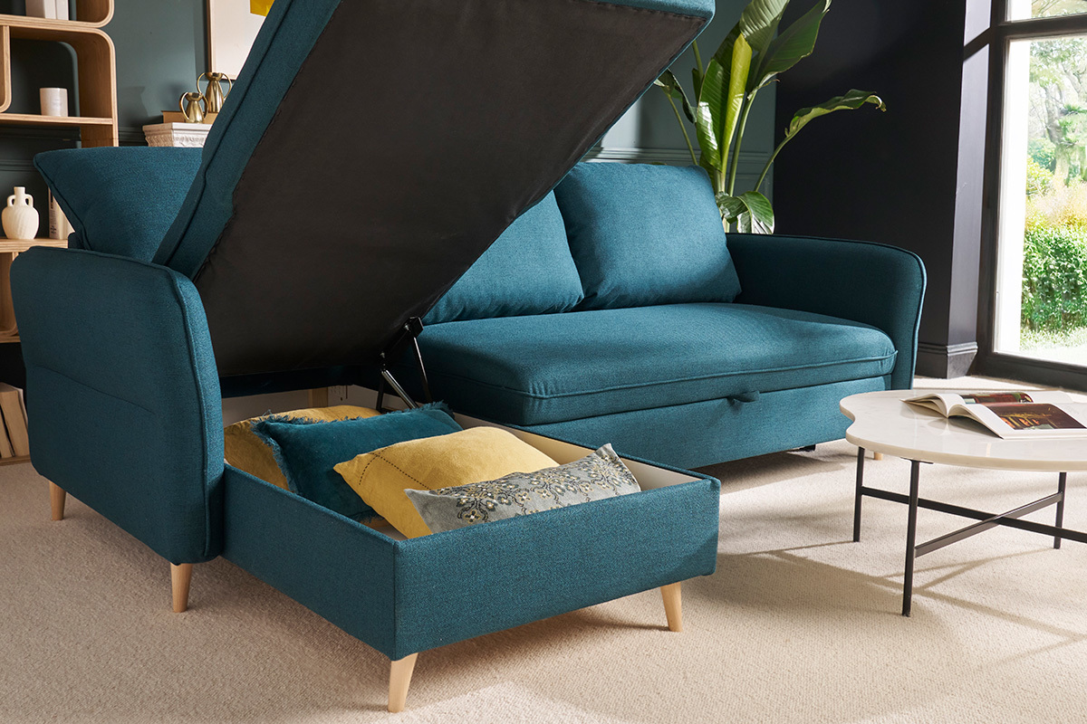 Canap� d'angle convertible r�versible avec coffre 3-4 places en tissu bleu oc�an et bois clair DRISS