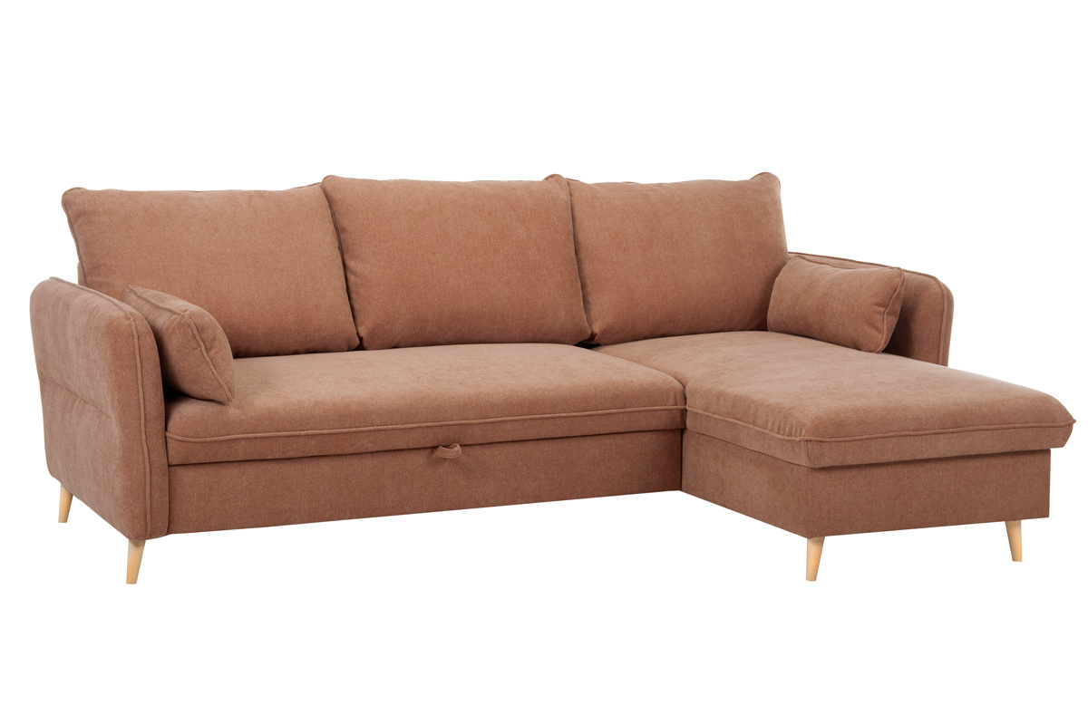 Canap� d'angle convertible r�versible avec coffre 3-4 places en tissu effet velours terre br�l�e et bois clair DRISS