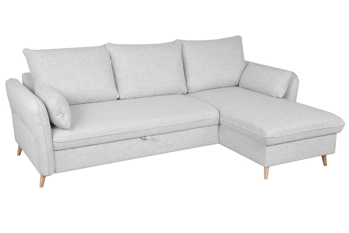 Canap� d'angle convertible r�versible avec coffre 3-4 places en tissu gris clair et bois clair DRISS