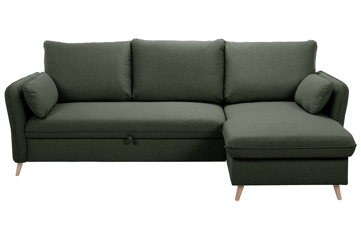 Canap� d'angle convertible r�versible avec coffre 3-4 places en tissu vert kaki et bois clair DRISS