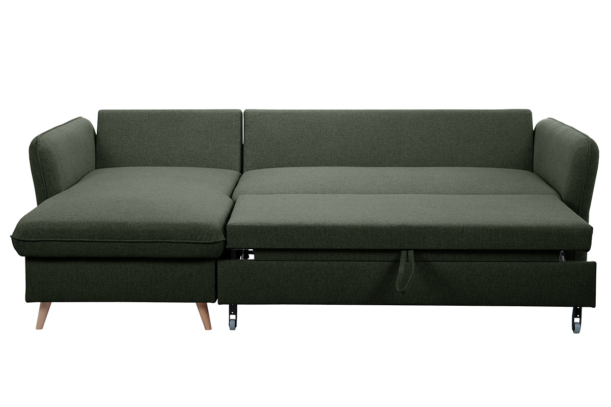 Canap� d'angle convertible r�versible avec coffre 3-4 places en tissu vert kaki et bois clair DRISS