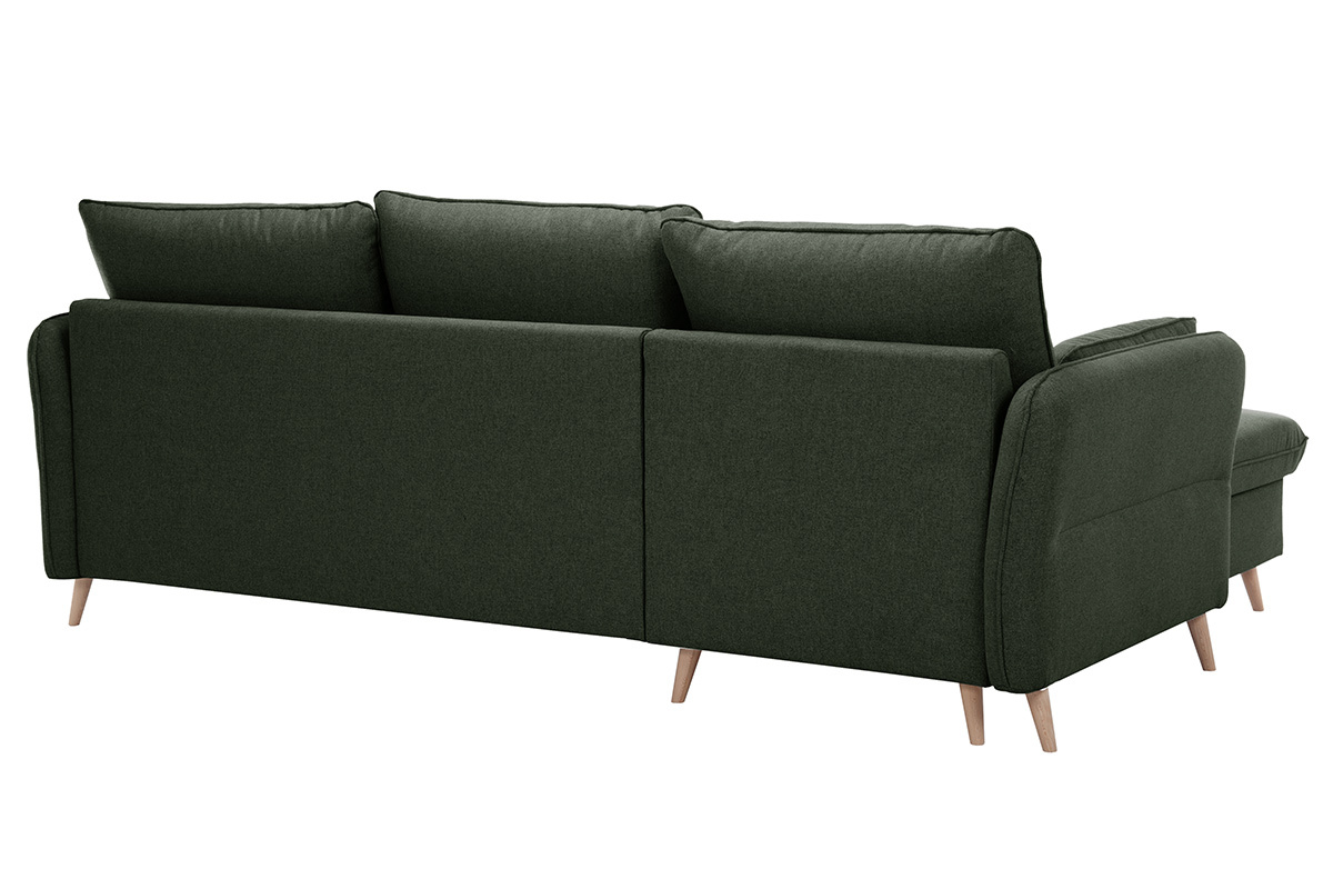 Canap� d'angle convertible r�versible avec coffre 3-4 places en tissu vert kaki et bois clair DRISS