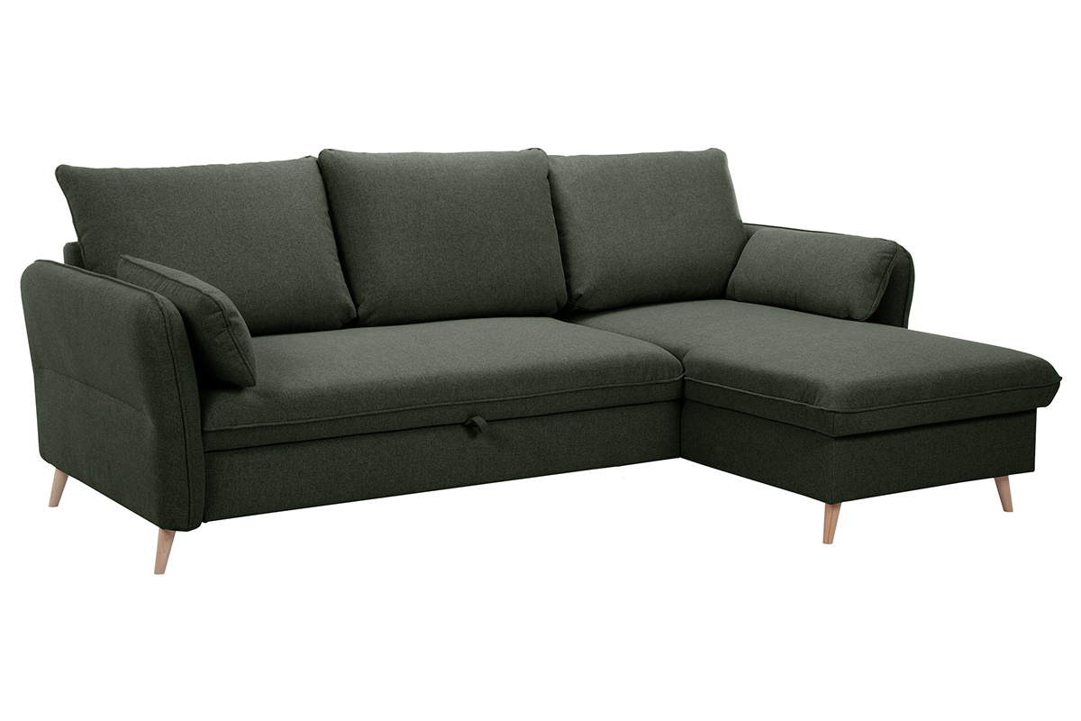 Canap� d'angle convertible r�versible avec coffre 3-4 places en tissu vert kaki et bois clair DRISS