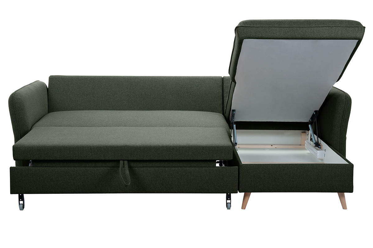 Canap� d'angle convertible r�versible avec coffre 3-4 places en tissu vert kaki et bois clair DRISS