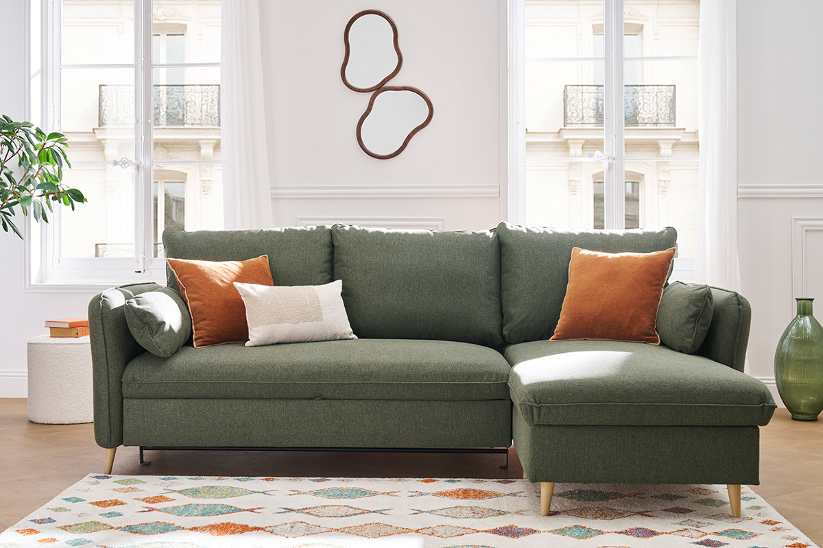 Canap� d'angle convertible r�versible avec coffre 3-4 places en tissu vert kaki et bois clair DRISS