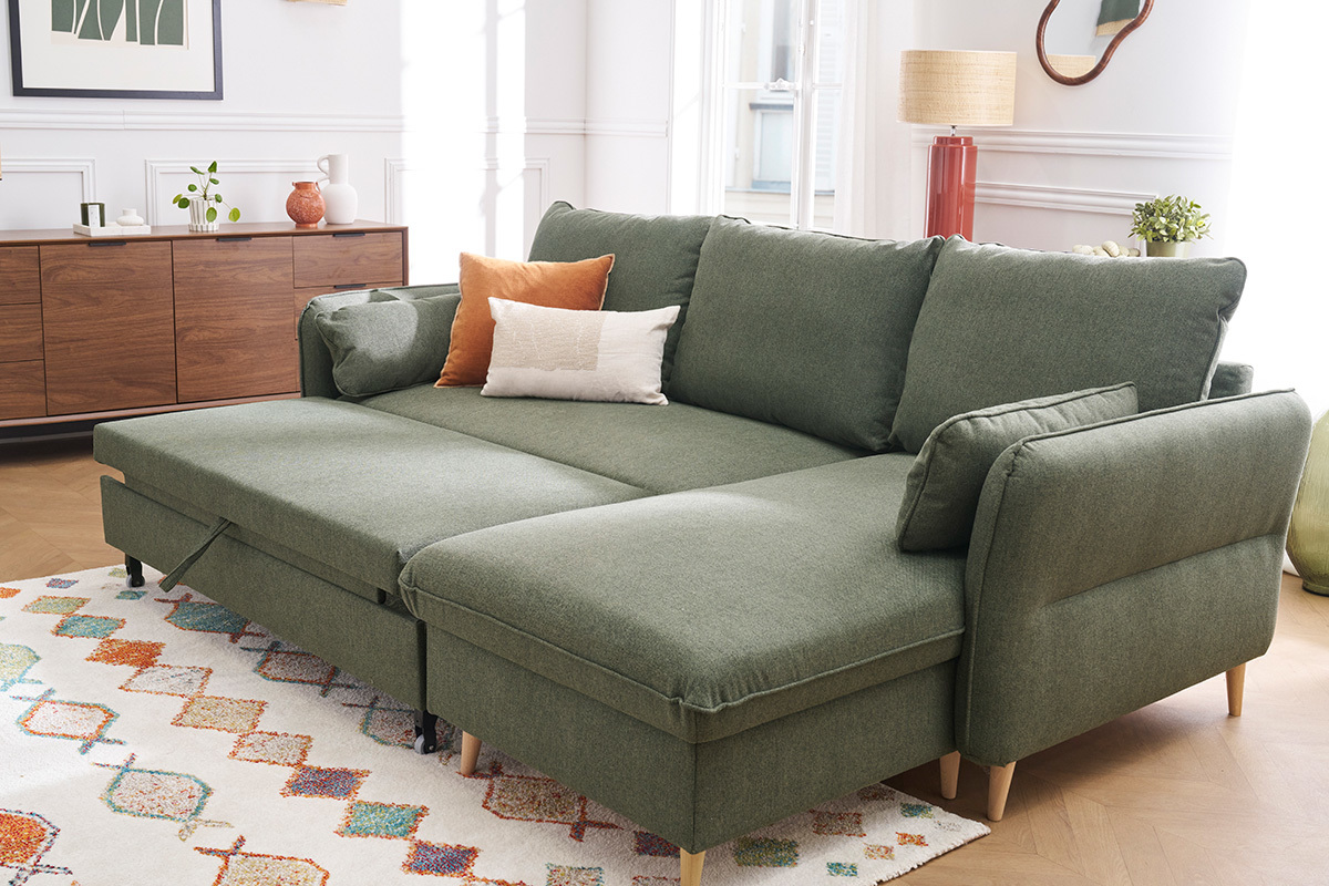 Canap� d'angle convertible r�versible avec coffre 3-4 places en tissu vert kaki et bois clair DRISS