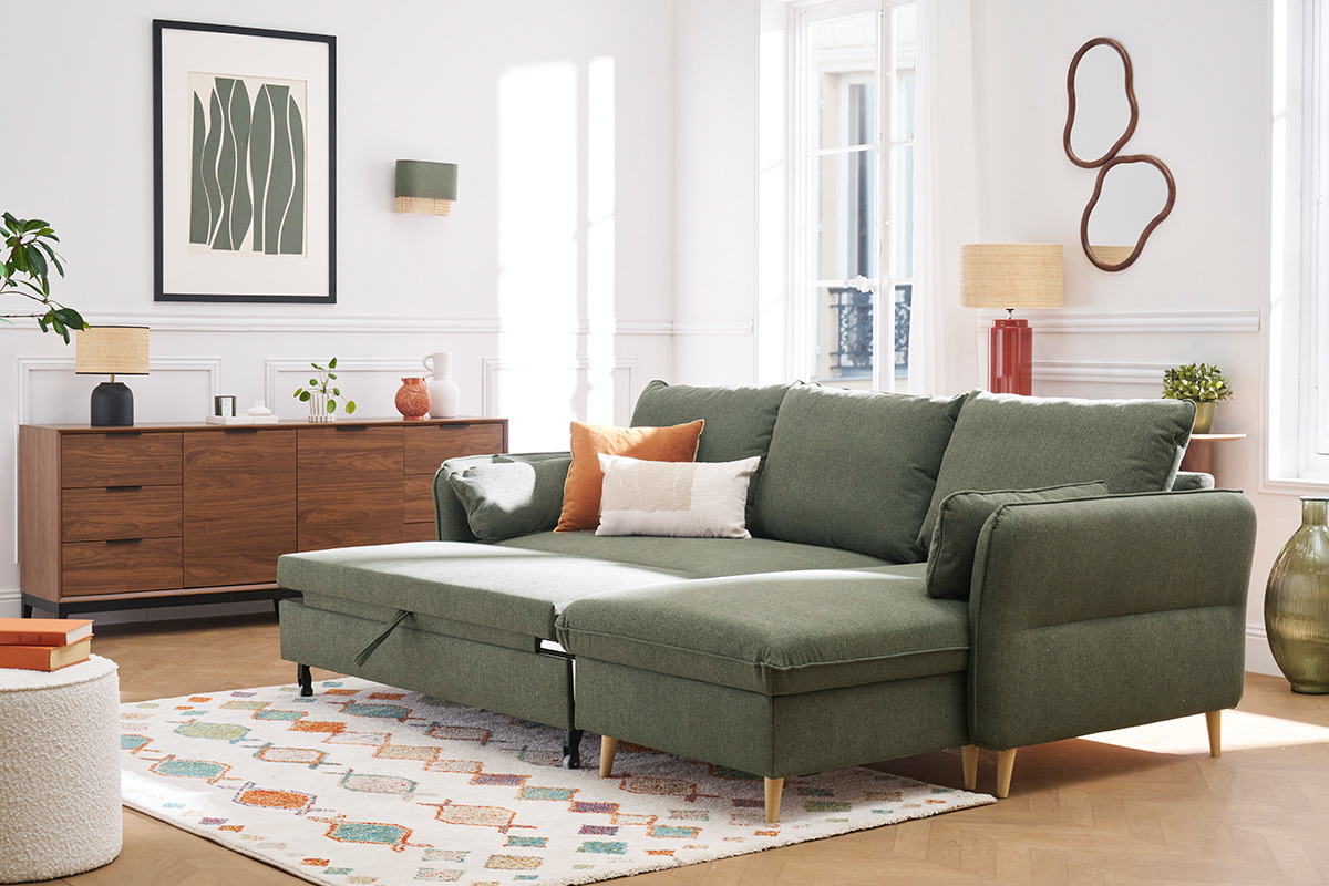 Canap� d'angle convertible r�versible avec coffre 3-4 places en tissu vert kaki et bois clair DRISS