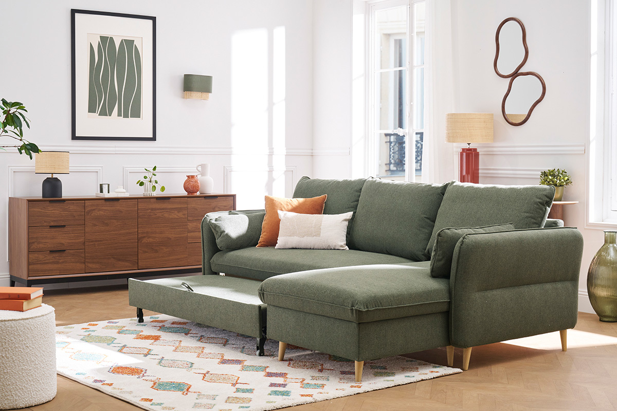 Canap� d'angle convertible r�versible avec coffre 3-4 places en tissu vert kaki et bois clair DRISS