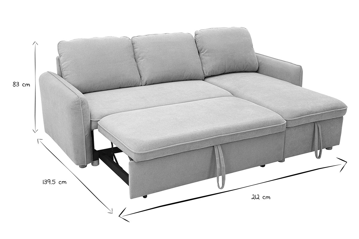 Canap� d'angle convertible Orso en noir et blanc avec dimensions 83 cm x 139,5 cm x 212 cm.