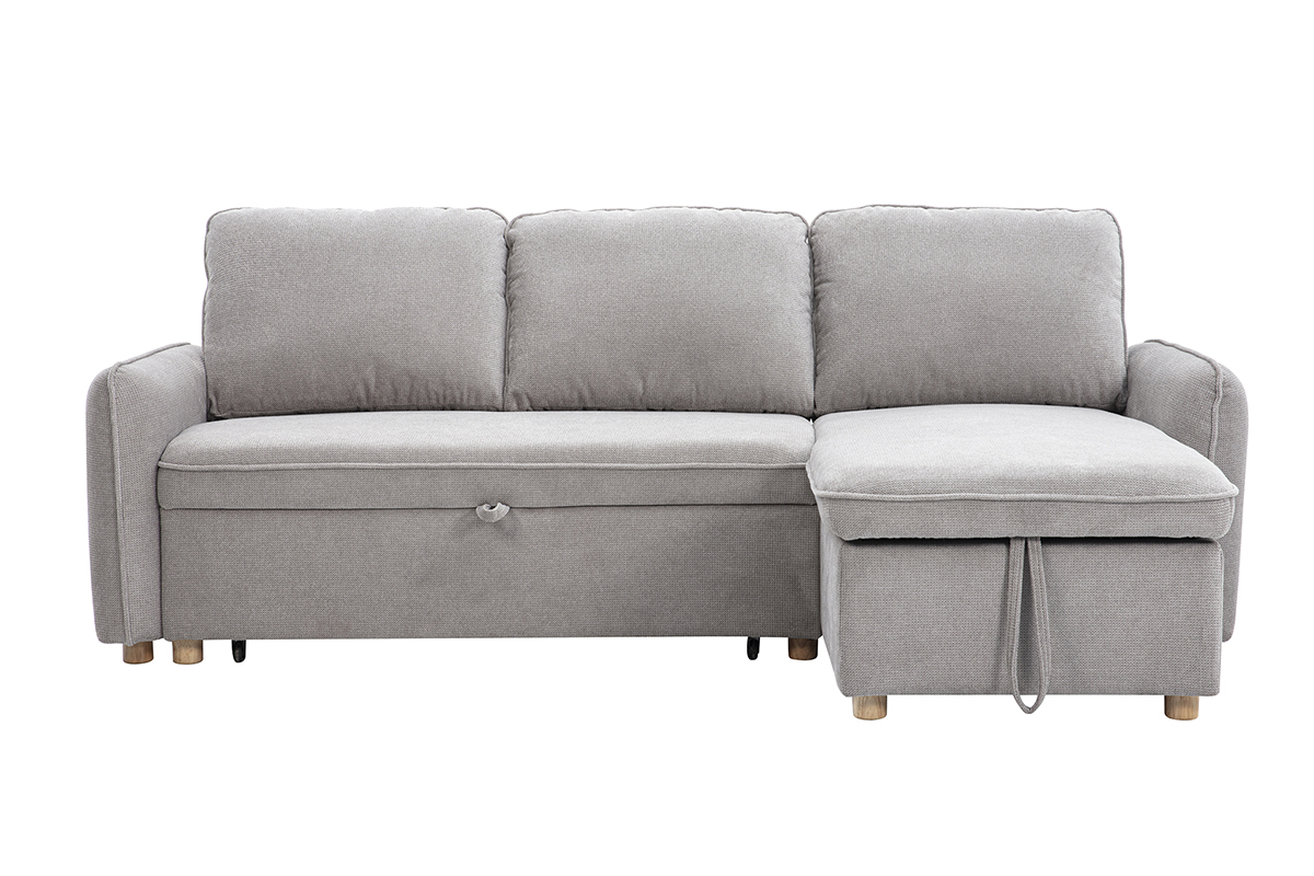 Canap� d'angle convertible gris en tissu chenille avec coffre et pieds en bois clair ORSO.