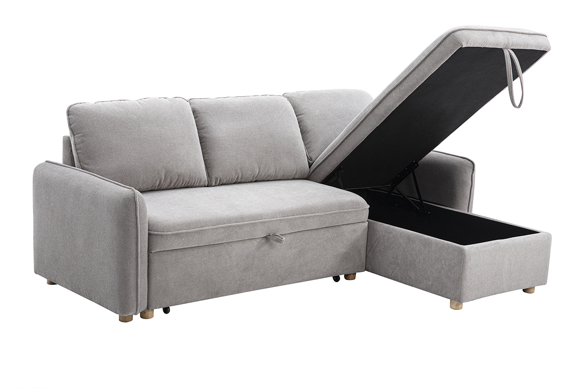Canap� d'angle convertible gris en tissu velours et bois clair ORSO