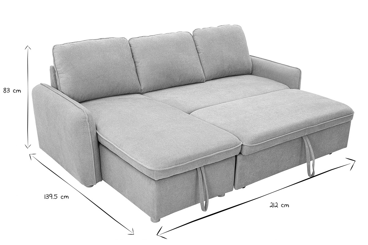 Canap� d'angle convertible ORSO gris et en bois clair avec dimensions L212 x P139,5 x H83 cm