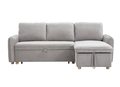 Canap&eacute; d'angle convertible r&eacute;versible avec coffre 3 places en tissu chenille gris et bois clair ORSO