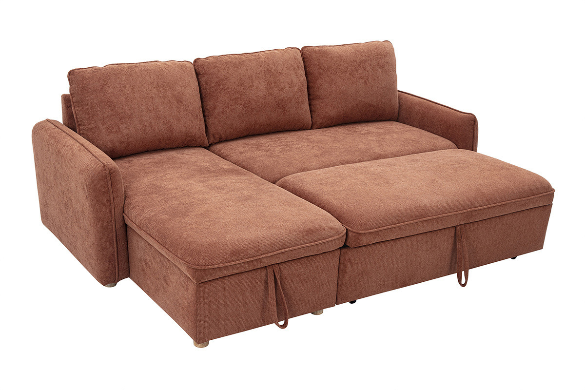 Canap� d'angle ORSO en tissu terre br�l�e, vue de 3/4, avec pieds en bois clair.