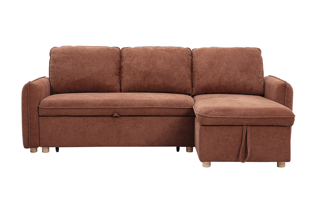 Canap� d'angle 3 places en tissu terre br�l�e, vu de face.