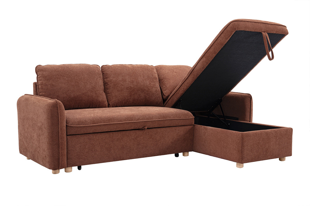 Canap� d'angle convertible 3 places en tissu terre br�l�e avec m�ridienne ouverte.