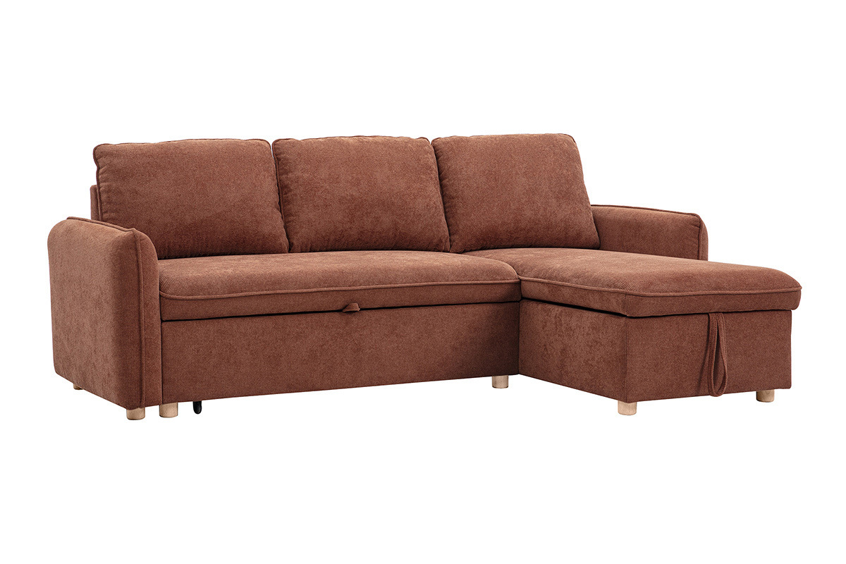 Canap� d'angle r�versible marron 3 places avec coffre en tissu.