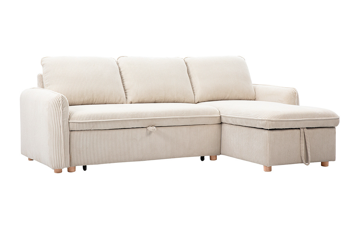 Canap� d'angle convertible en velours c�tel� beige avec m�ridienne et pieds en bois clair.
