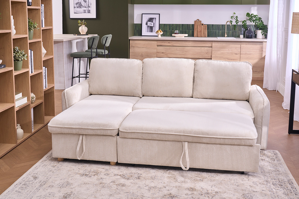 Canap� d'angle convertible r�versible ORSO en tissu velours c�tel� sur un tapis, vue de face.