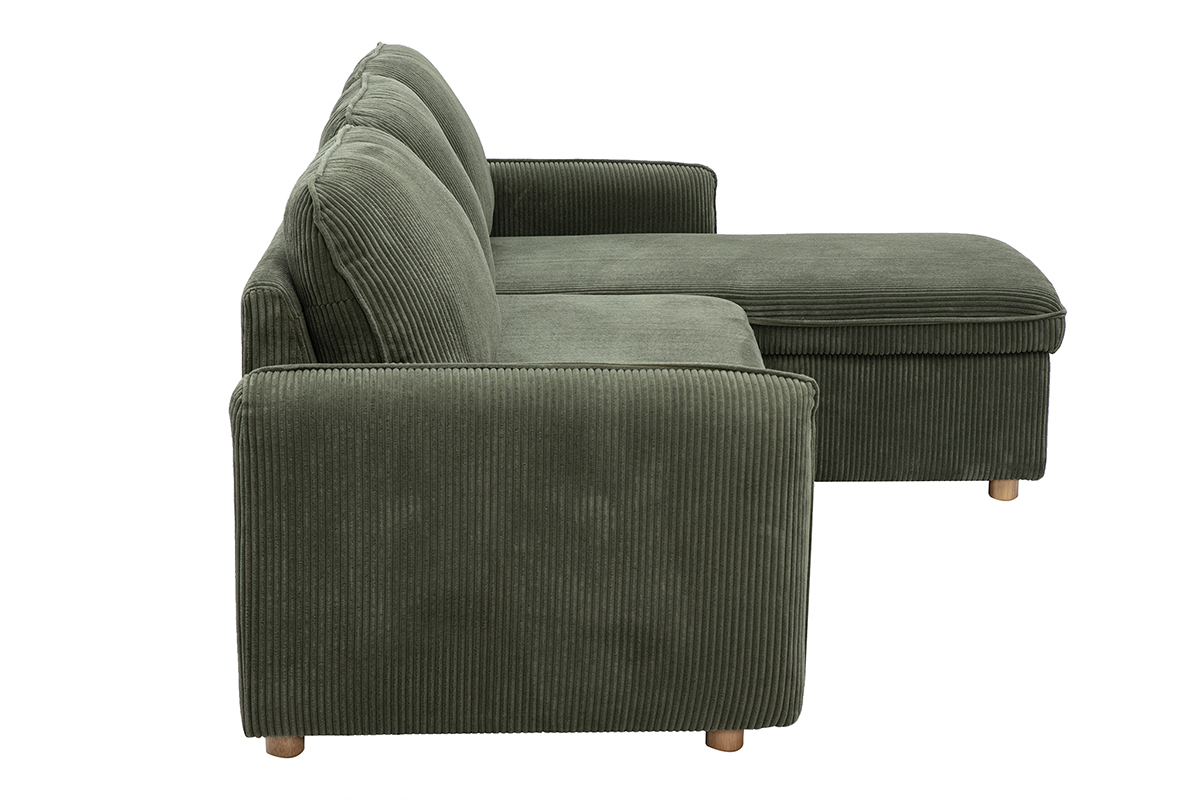 Canap� d'angle convertible ORSO en tissu velours c�tel� vert kaki, vue de profil avec coffre de rangement.