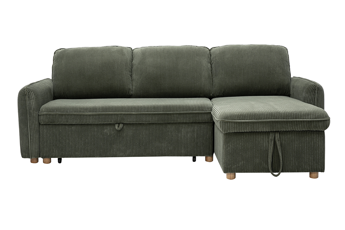 Canap� d'angle convertible r�versible ORSO en tissu velours c�tel� vert kaki, avec coffre de rangement.