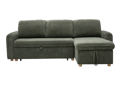 Canap&eacute; d'angle convertible r&eacute;versible avec coffre 3 places en tissu velours c&ocirc;tel&eacute; vert kaki et bois clair ORSO