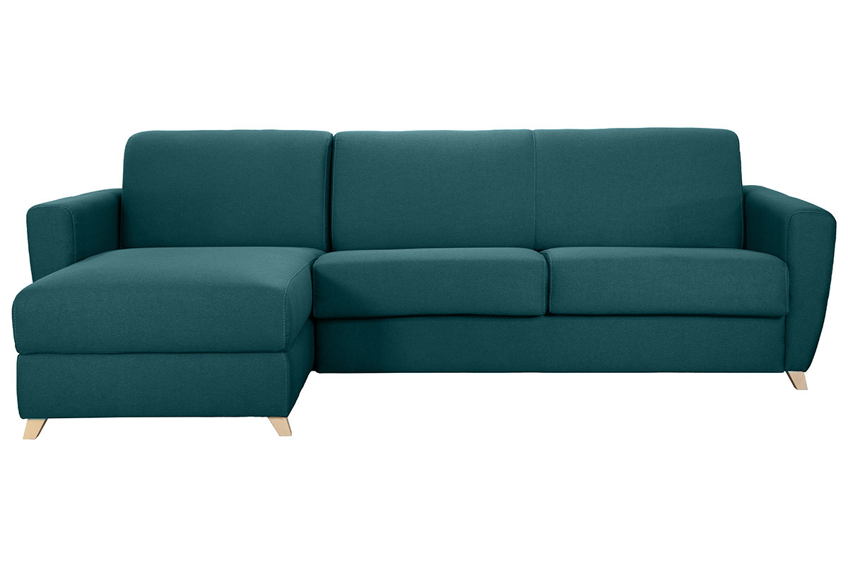 Canap� d'angle convertible r�versible avec coffre 4 places en tissu bleu canard et bois clair GRAHAM