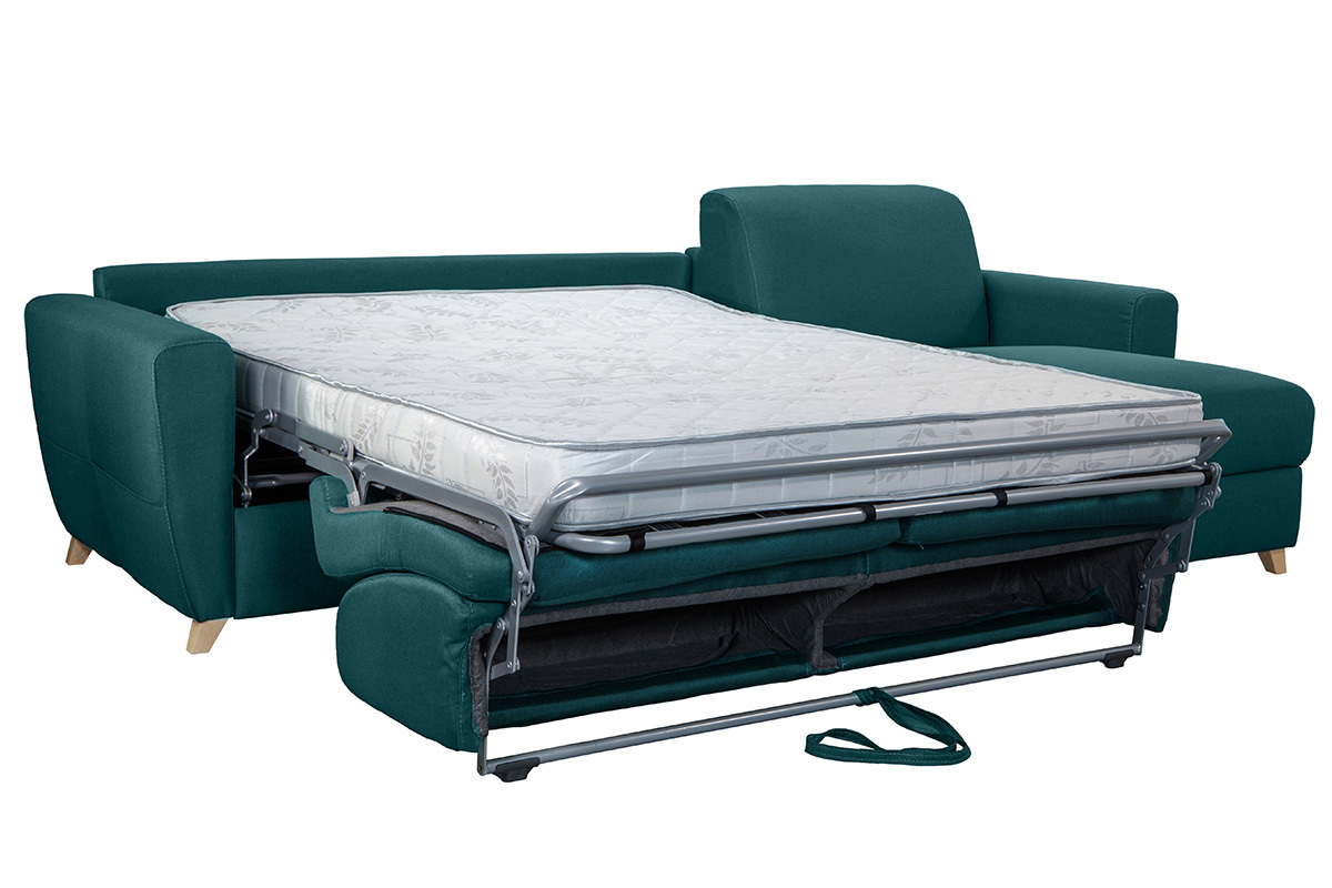 Canap� d'angle convertible r�versible avec coffre 4 places en tissu bleu canard et bois clair GRAHAM
