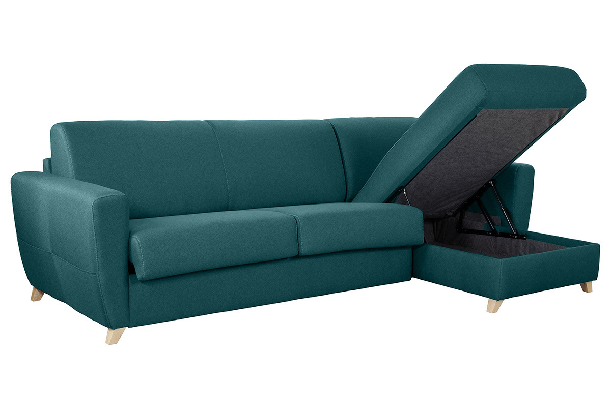 Canap� d'angle convertible r�versible avec coffre 4 places en tissu bleu canard et bois clair GRAHAM