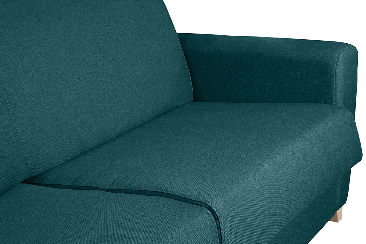 Canap� d'angle convertible r�versible avec coffre 4 places en tissu bleu canard et bois clair GRAHAM