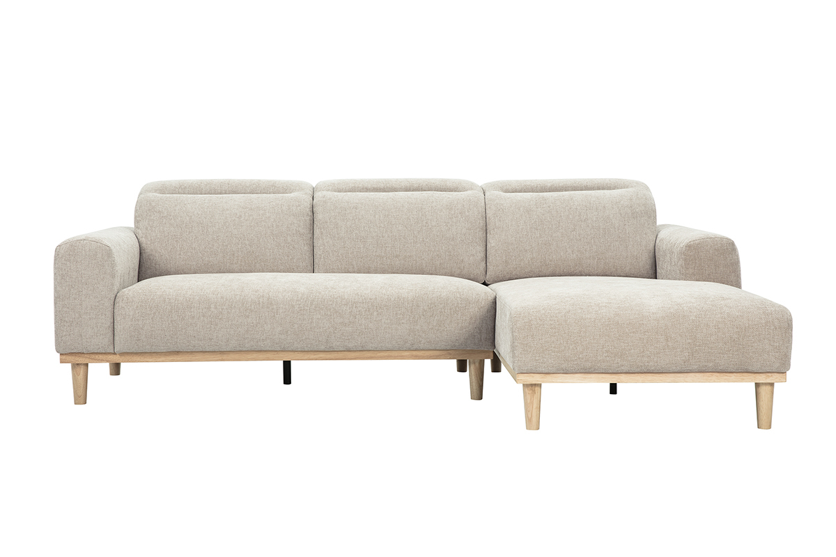 Canap� d'angle droit beige en tissu effet velours avec pieds en bois clair, vue de face.