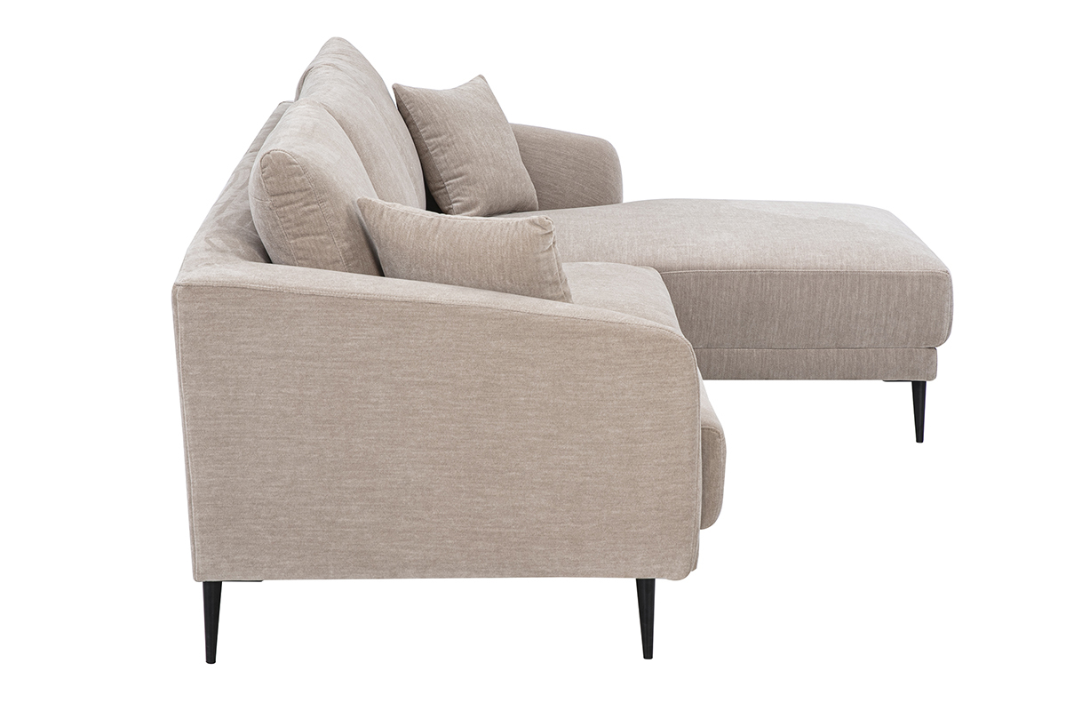Canap� d'angle droit 3 places en tissu effet velours taupe vue de c�t� avec accoudoirs incurv�s