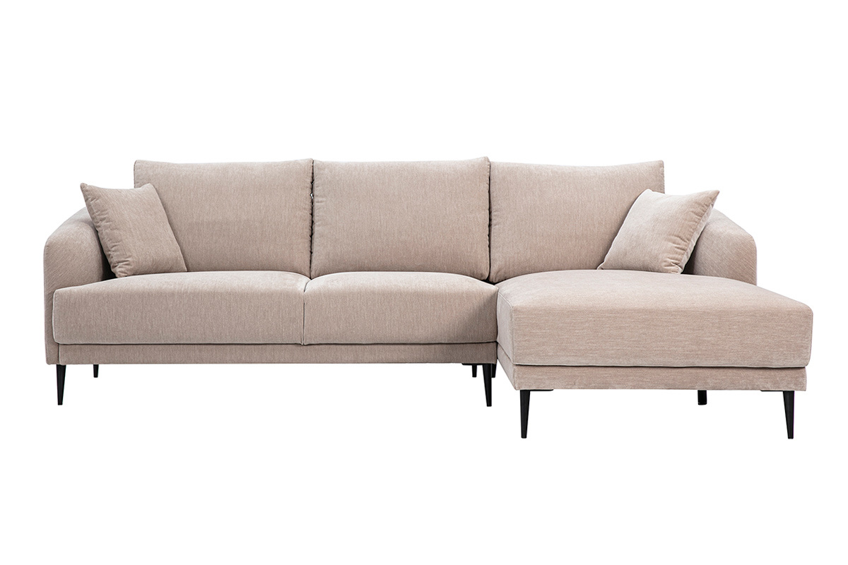 Canap� d'angle droit 3 places en tissu taupe avec m�ridienne, pieds en m�tal noir.
