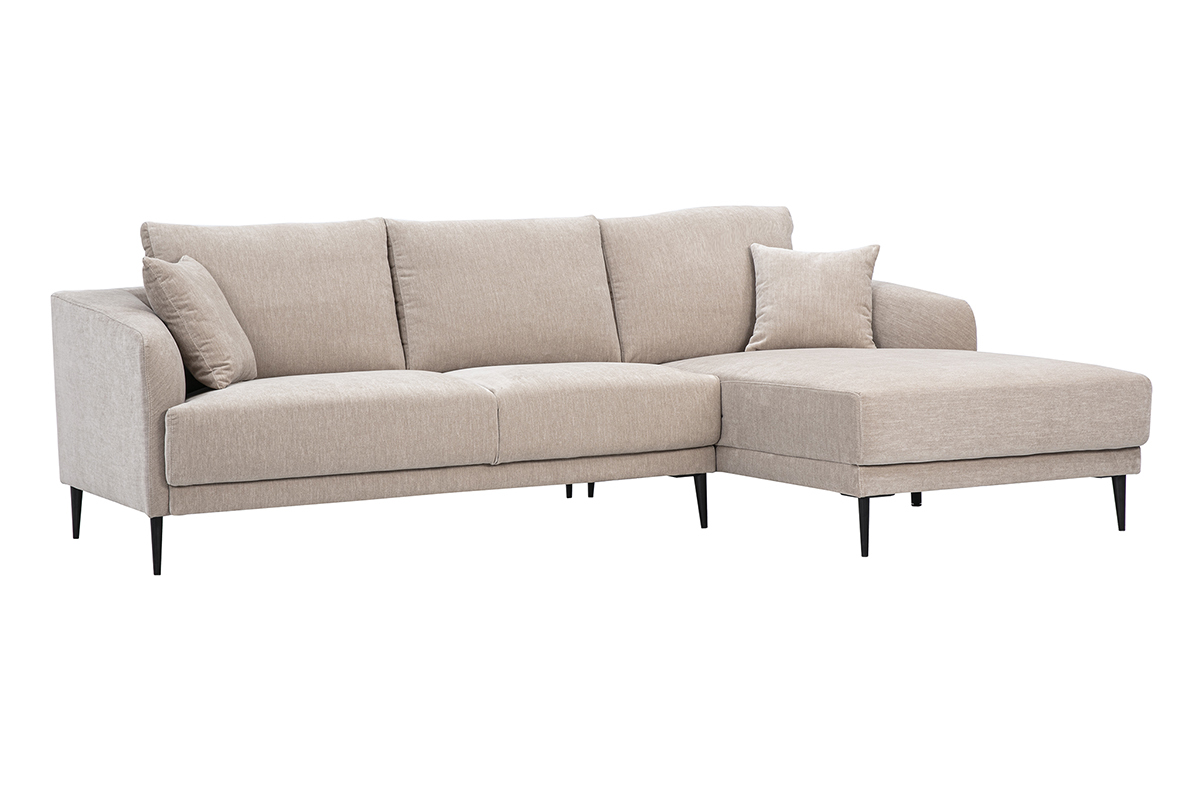 Canap� d'angle droit 3 places en tissu effet velours taupe et m�tal noir, vue de 3/4