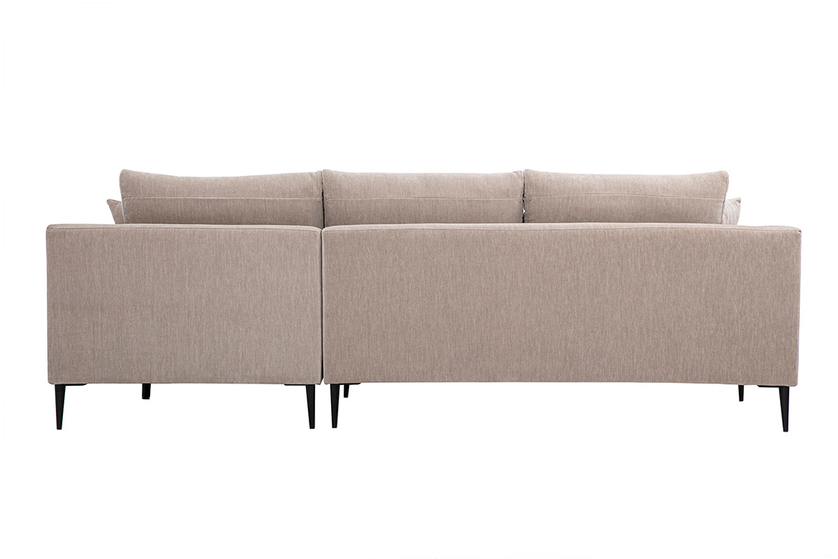 Canap� d'angle droit 3 places en tissu velours taupe avec pieds en m�tal noir, vue de dos.