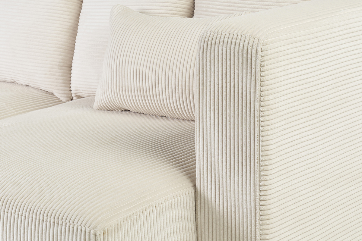 Canap� d'angle droit 3 places en tissu velours c�tel� beige et bois clair HARLEM