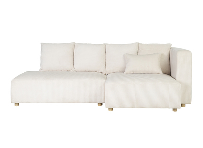 Canap&eacute; d'angle droit 3 places en tissu velours c&ocirc;tel&eacute; beige et bois clair HARLEM